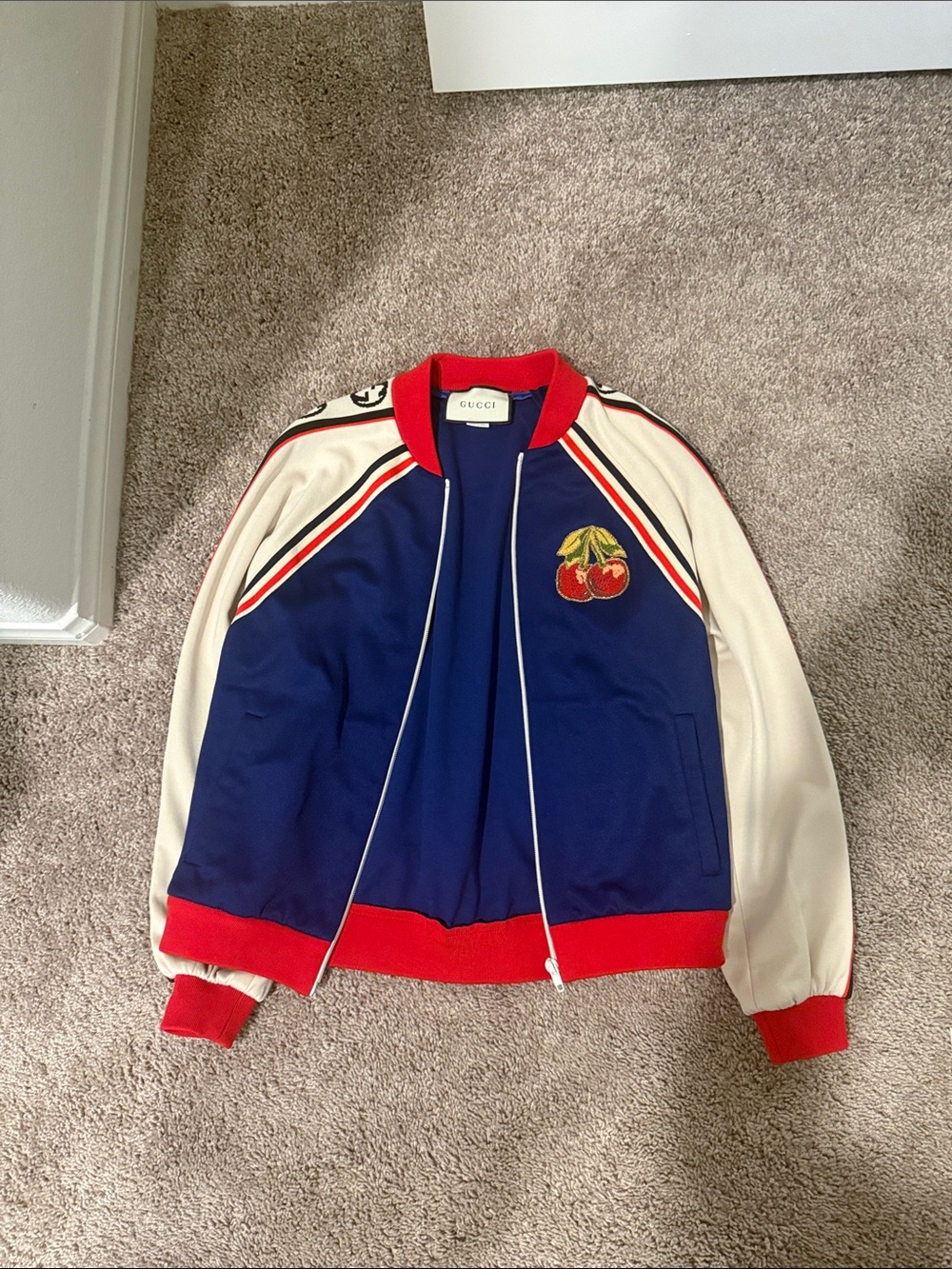 Gucci Blue, White & Red Bomber Jacket with Cherry Patch